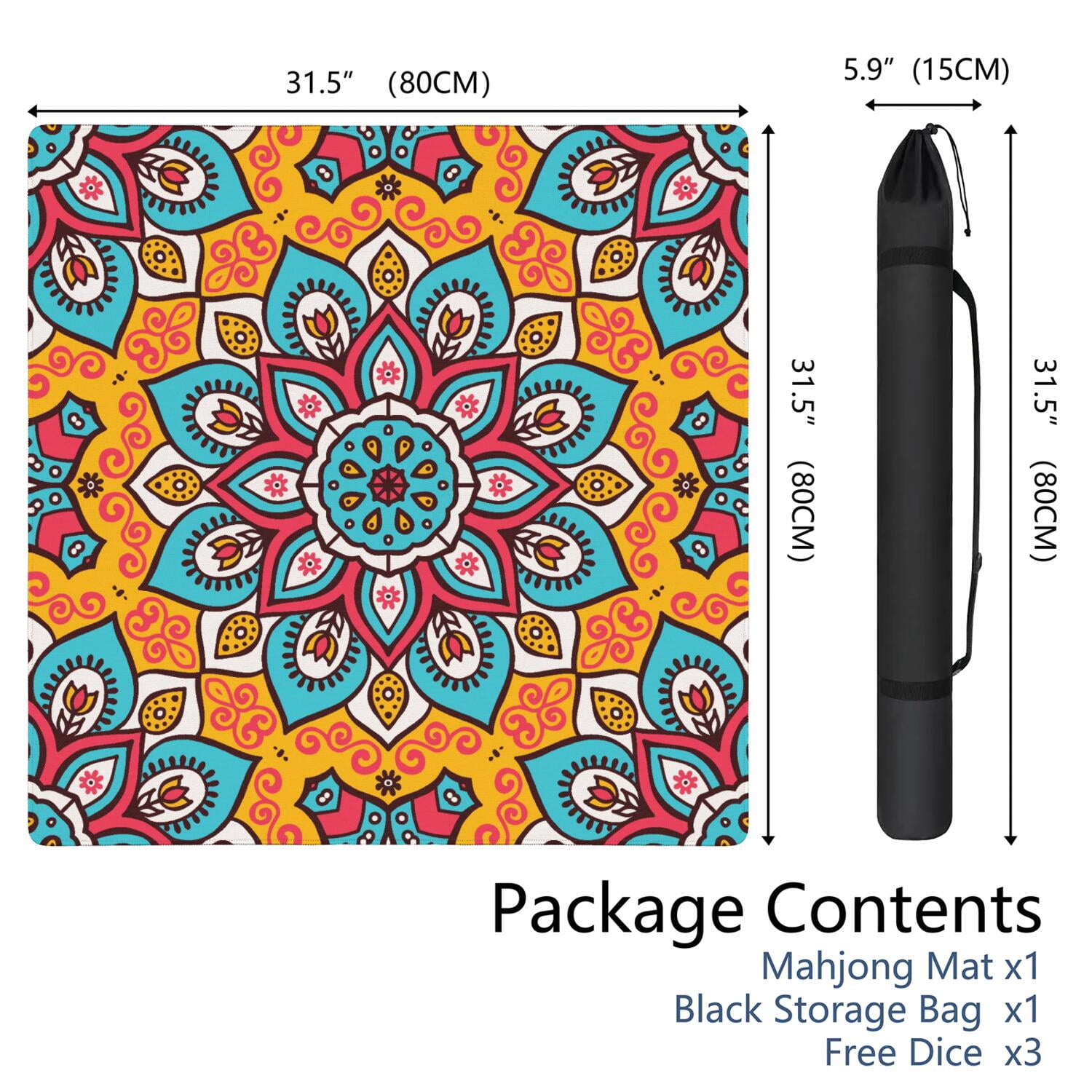 Mandala Mahjong Mat for Table, 31.5*31.5in Anti Slip American Mahjong Table Cloth, Noise Reduction, Neoprene Mah jongg Mat with Carrying Bag & 3 Dices, Mahjong Accessories Gift, Board Tile Games Mats