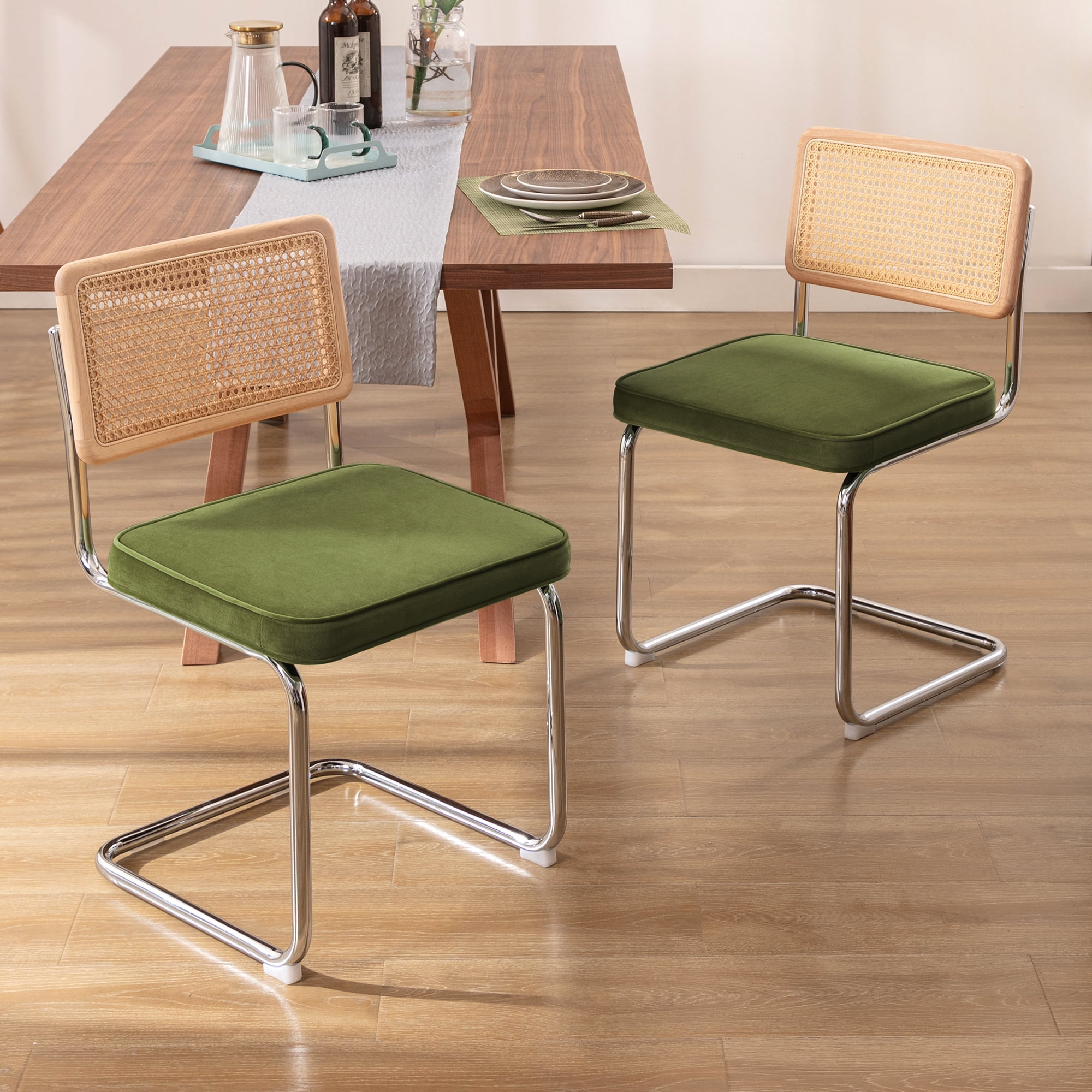 Zesthouse Rattan Dining Chairs Set of 4, Velvet Upholstered Dining Chairs with Cane Back and Chrome Legs, Mid Century Modern Kitchen Side Chairs for Living Room, Green