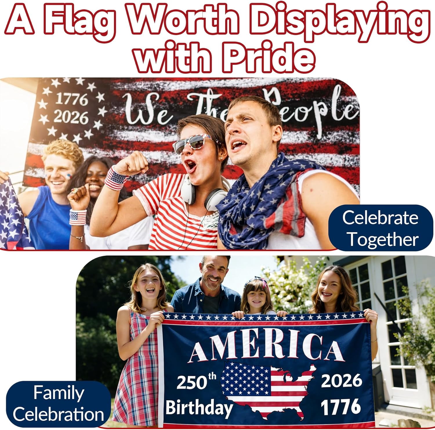 America 250th Anniversary Flag, 3 Ply Year American Anniversary Flag- Double Sided, 3x5 Ft, 250 Years Birthday Patriotic Decor for Outdoor, Front Door, Porch, Wall