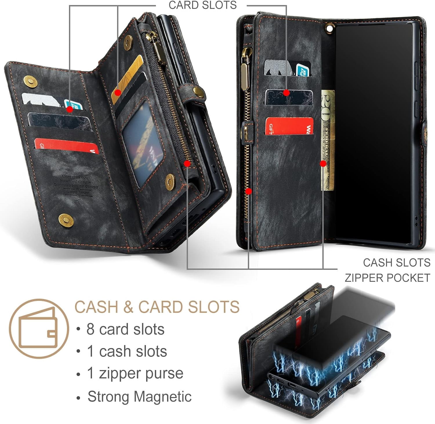 Phone Case for Samsung Galaxy Note 20 Glaxay Note20 5G Zipper Wallet Detachable Cover with Tempered Glass Screen Protector and Flip Card Holder Cell Gaxaly Notes 20s Twenty Not S20 Women Black