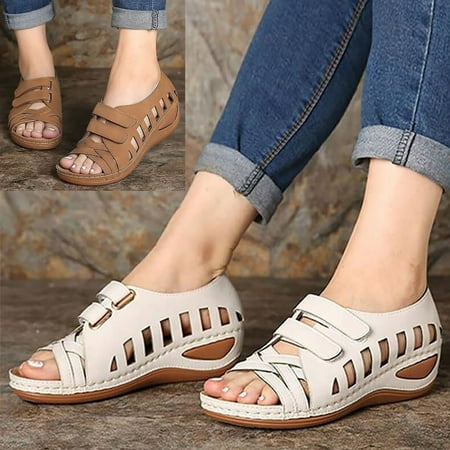 

Xinyolin Women Summer Breathable Vintage Anti-slip Open Toe Wedge Sandals Daily Shoes
