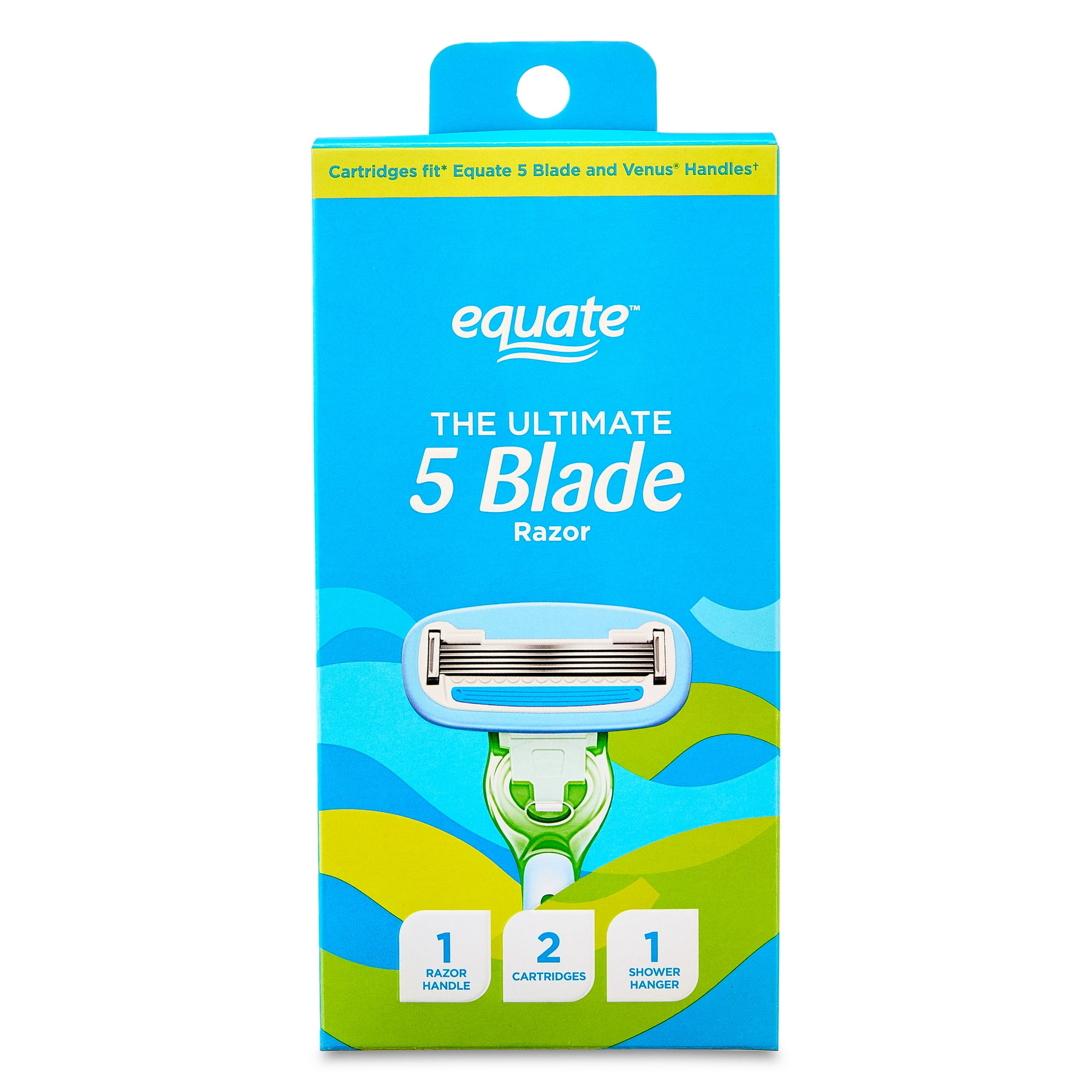 Equate Women's 5-Blade Razor with Handle/2 Cartridges/Shower Hanger, Blue and Green