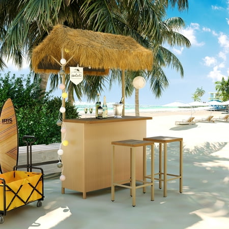 FFZ Hawaiian-style Bar Height Patio Set with PE Grass Canopy, Acacia Wood Top, Adjustable Fee, Antique Natural