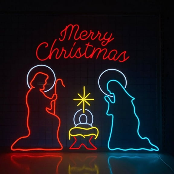 Craftnamesign Merry Christmas Neon Light, Nativity Scene Led Sign, O Holy Night Wall Art