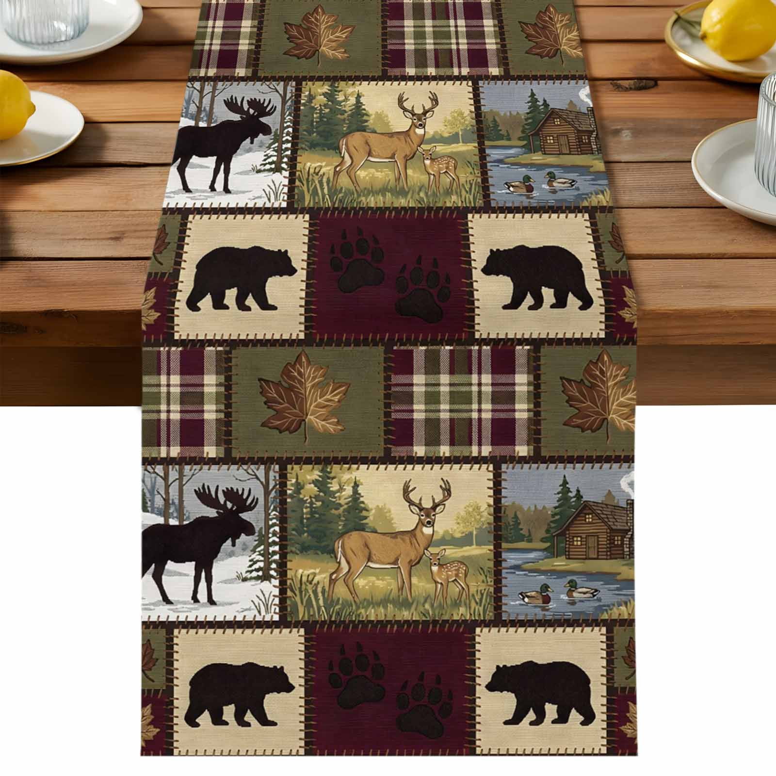 Boho Bear Deer Table Runner 18x72 Inch Rustic Cabin Country Forest Mountain Leaf Cotton Linen Dining Table Runner Ideal for Dresser Kitchen Coffee Tables - Machine Washable