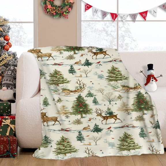 Christmas Reindeer Pine Throw Blanket Flannel Fleece Holiday Pattern Soft Warm Blanket for King Bed Sofa Winter Decor Machine Washable Gift Idea