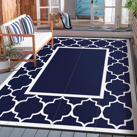 DEORAB Outdoor Rugs Waterproof Plastic Straw Mat 6'x9' Reversible for RV Patio Deck Beach Blue & White