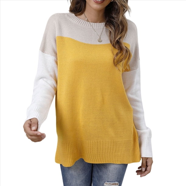 Suéter Oversize con Bloques de Color para Mujer: Cuello Redondo, Punto Acanalado, Hombros Caídos, Larga Amarillo M