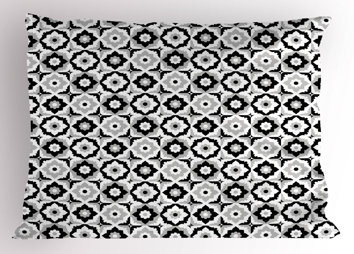 Quatrefoil Pillow Sham Black and White Ceramic Tile Design with Floral