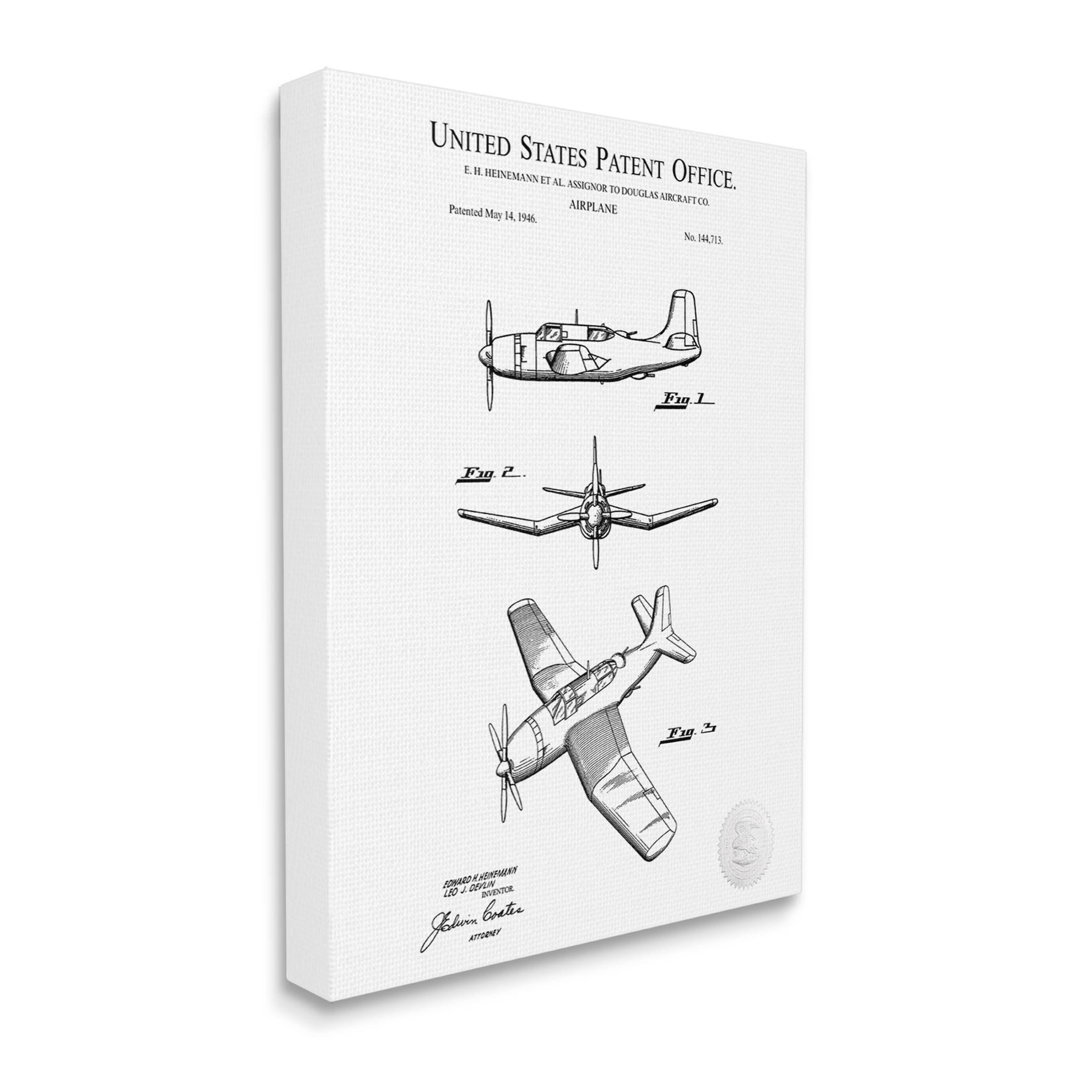 Stupell Industries Detailed Aircraft Patent Chart Graphic Art Gallery Wrapped Canvas Print Wall Art, Design by Karl Hronek