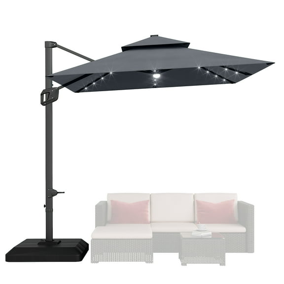 Pinypikaka 10ft Cantilever Patio Umbrella with Base Included, 360 Rotation Double Top Rectangle Offset Patio Umbrella with Solar Lights and 8 Steel Ribs, for Backyard, Deck & Pool