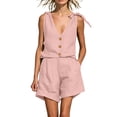 thumbnail image 4 of Costeam Womens 2 Piece Linen Matching Set Tie Shoulder Sleeveless V Neck Button Top Rolled Hem Bermuda Shorts with Side Pockets Lightweight Breathable Relaxed Fit Summer Outfit, 4 of 6