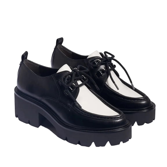 Sam Edelman Monna Black/White Leather Chunky Heel Lace Up Almond Toe Loafers (Black/White Leather, 5)