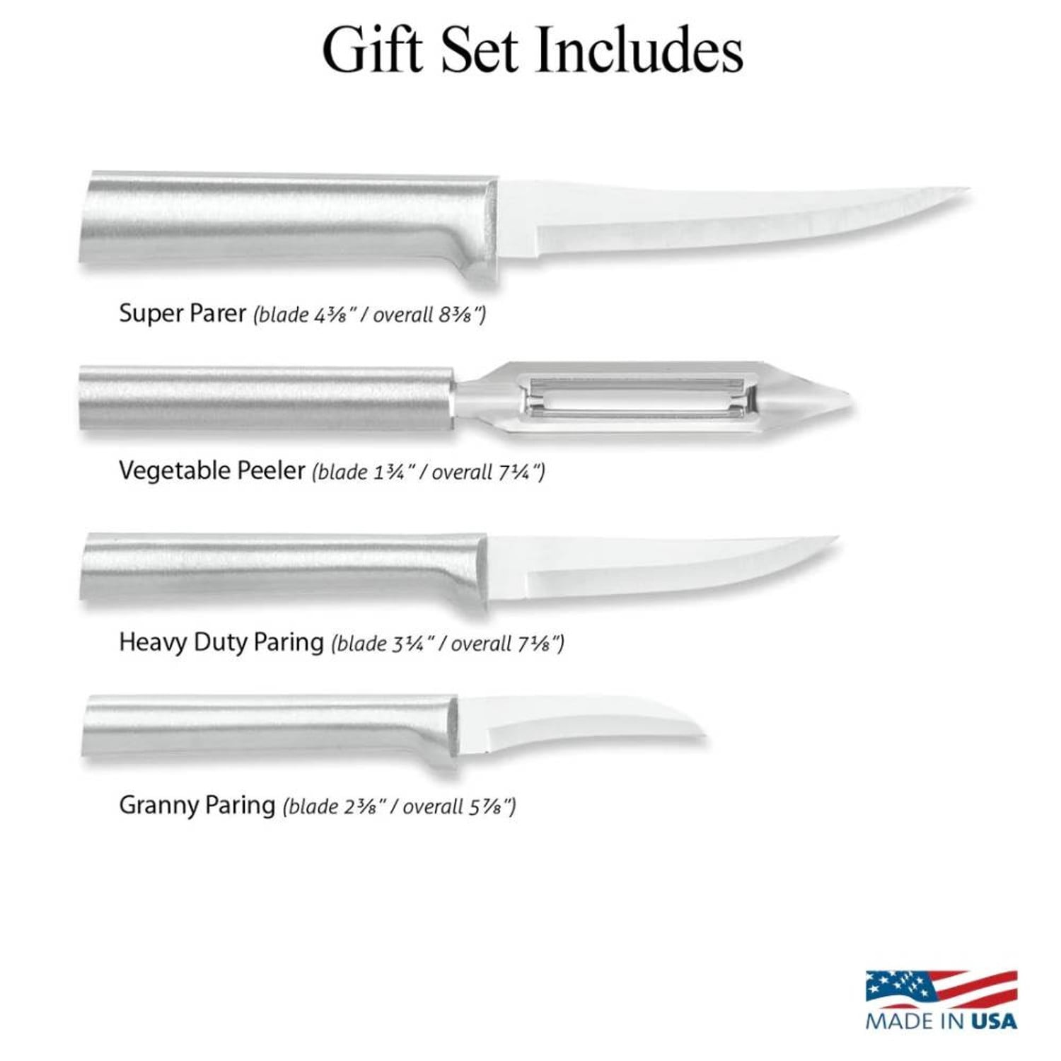 Rada Kitchen Knives Boxed Set, 4 Pc Meal Prep Gift Set, Veggie Peeler and Granny, Heavy Duty, and Super Paring Knives