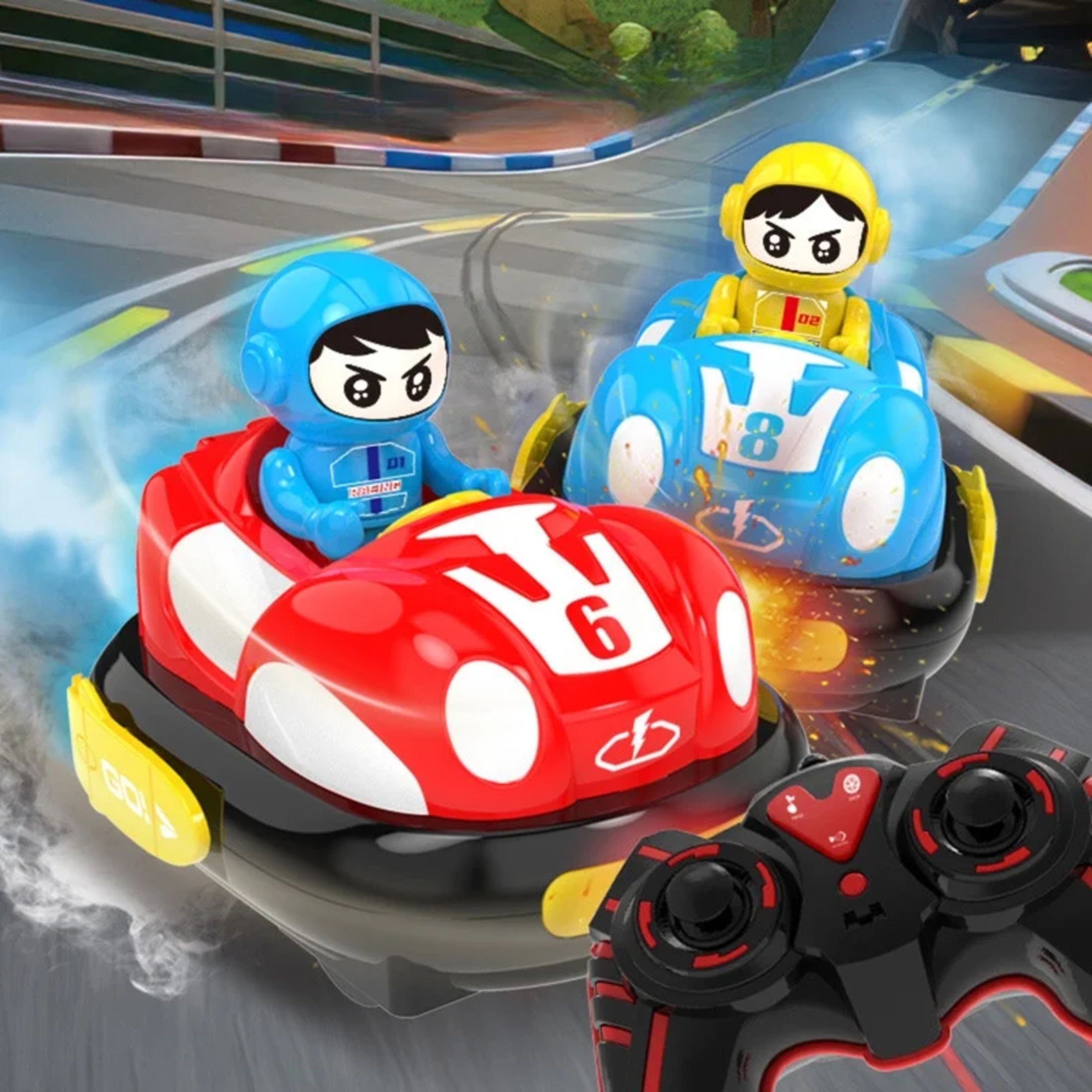RC Bumper Car Funtogether Toys, 2-Player Set with Ejector Seats, Lights & Sounds, 2.4GHz Remote, USB Rechargeable, Red & Blue
