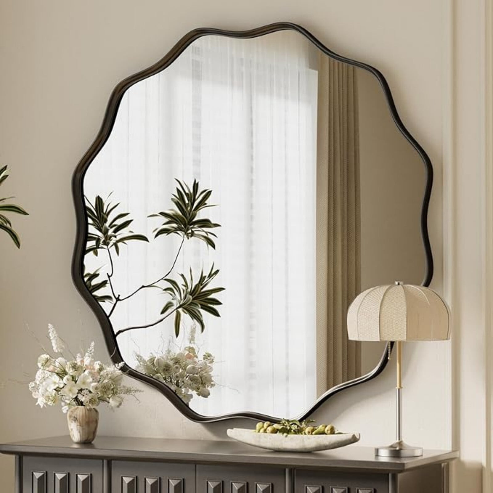 AUROMIR 36" Wavy Round Bathroom Mirror Wall Mounted Mirror Vanity Mirror with Metal Frame, Black