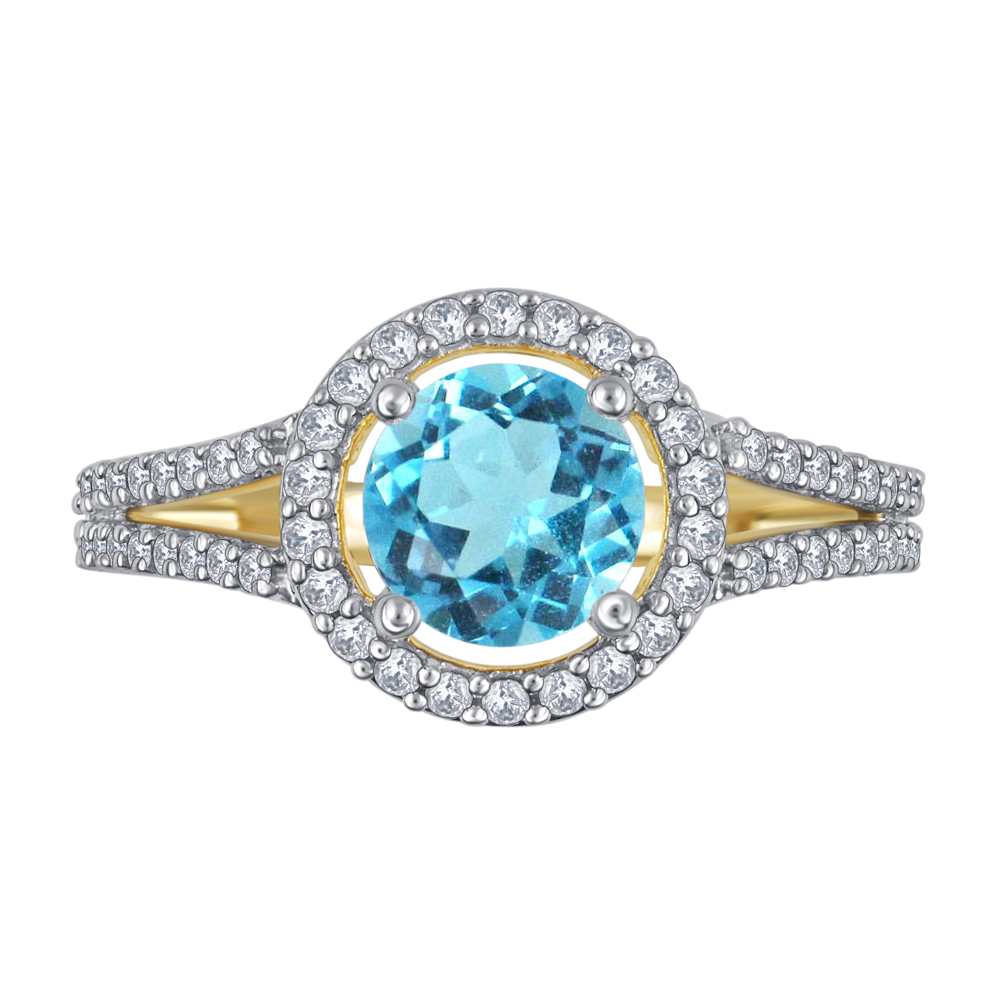 Blue Topaz and White Sapphire Halo Birthstone Ring in Sterling Silver