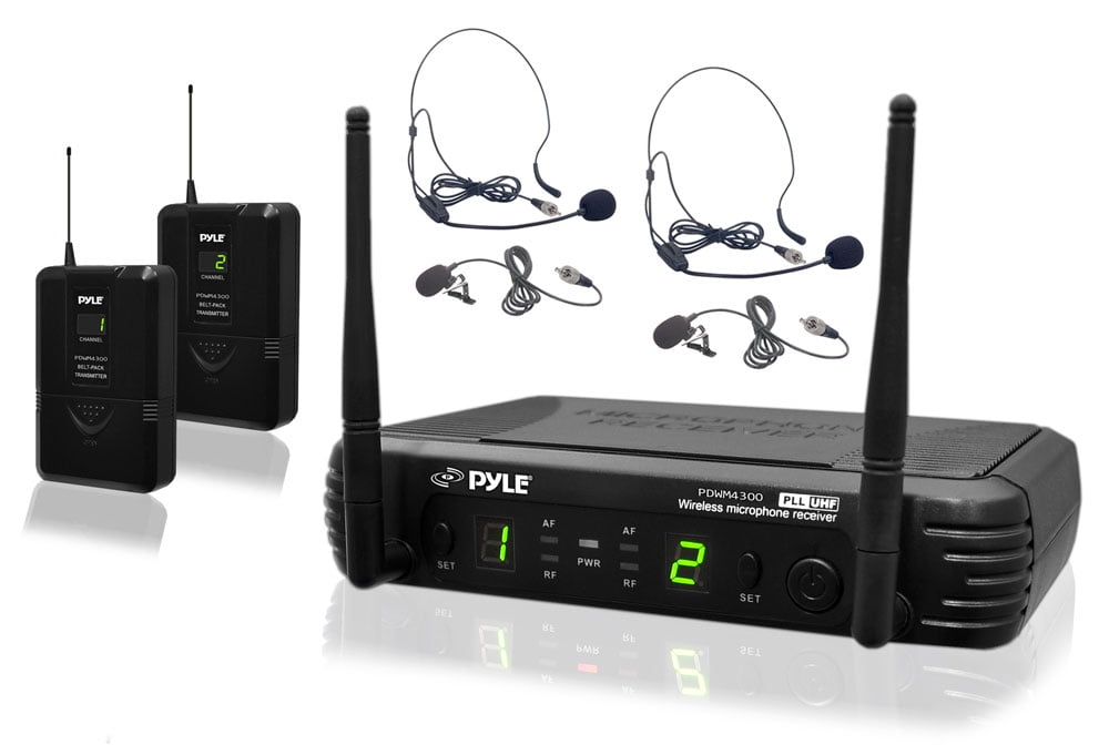 Pyle PDWM3400 2 Channel Wireless Microphone System with 2 Headset, 2 Lavalier lapel, 2 Transmitters, and Receiver