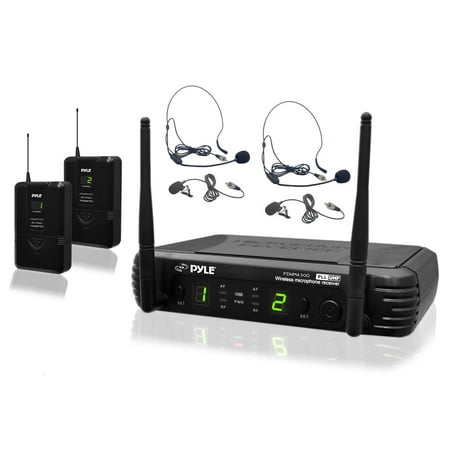 Pyle PDWM3400 - Premier Series Professional UHF Microphone System with Selectable Frequencies, Includes (2) Body-Pack Transmitters, (2) Headset & (2) Lavalier Mics