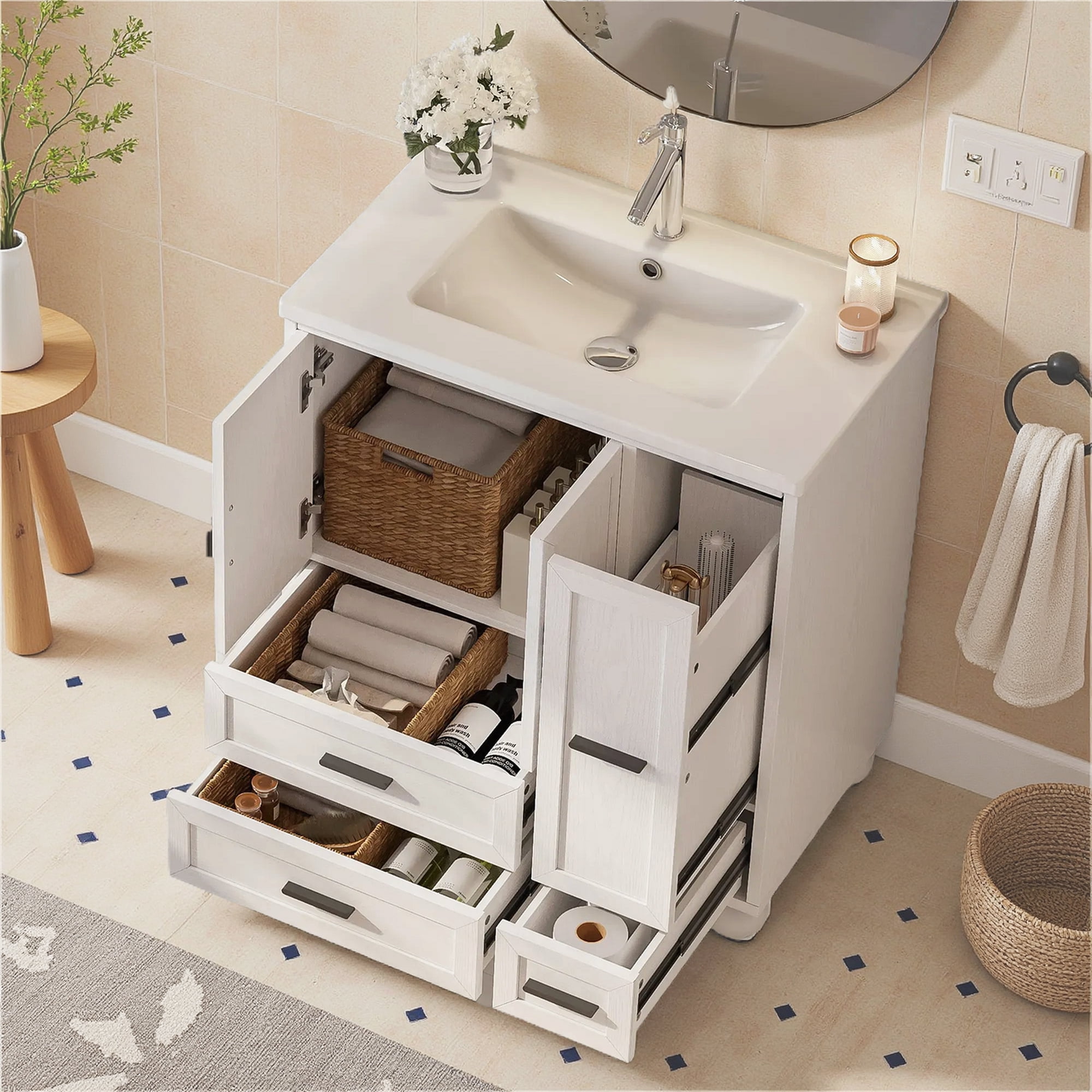 LIKIMIO 30" Bathroom Vanity with Ceramic Sink Combo, White Bathroom Storage Cabinet with Hair Tool Pull-out Drawer, 4 Solid Legs, 4 Drawers, Freestanding Wooden Modern Bathroom Cabinet