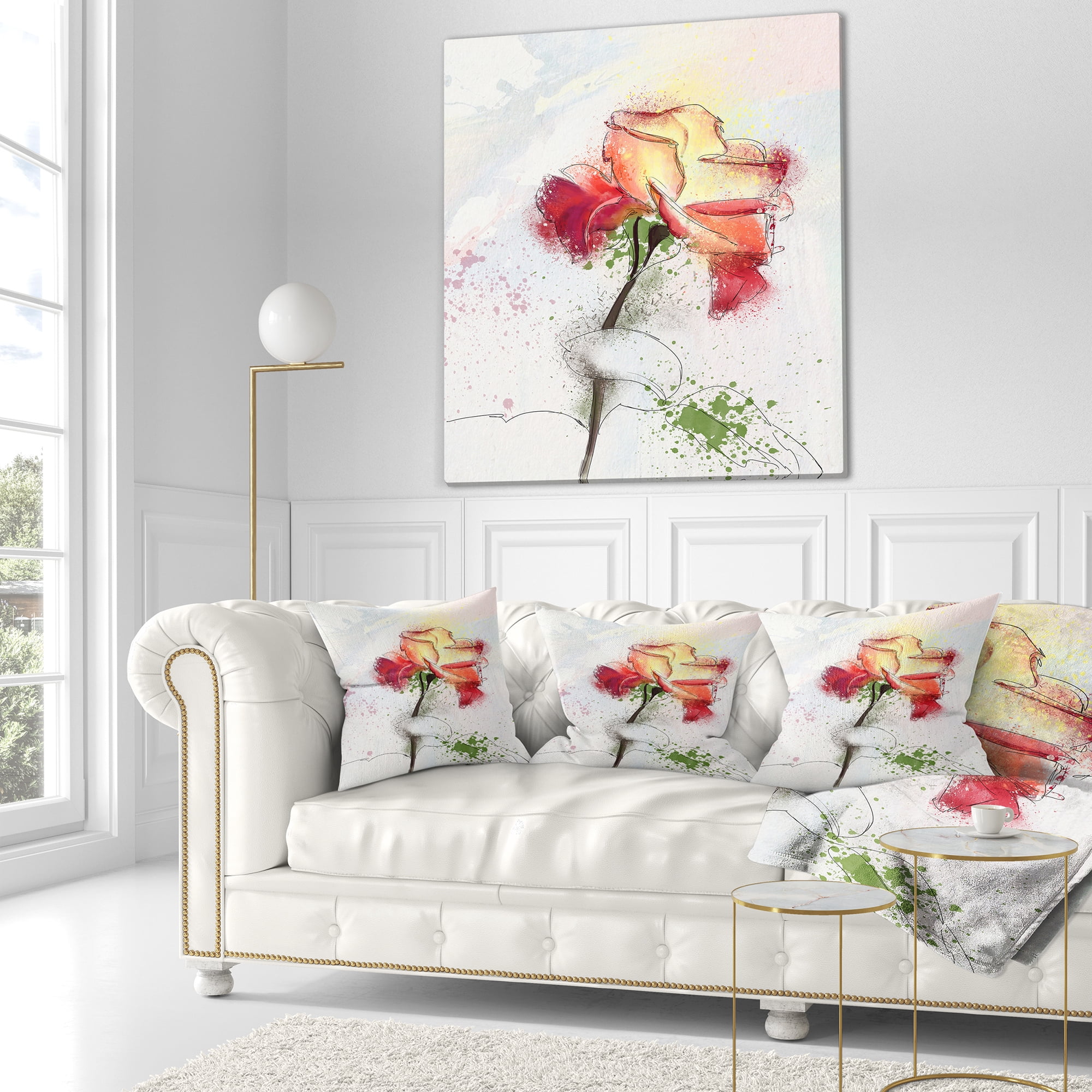 Designart Beautiful Rose Illustration Drawing - Floral Throw Pillow - 18x18