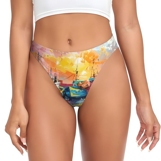 Fotbe Colorful Fishing Boats Tanga Sin Costuras para Mujer con Estampado – Panties Invisibles, Transpirables y Cómodos para Uso Diario-Small