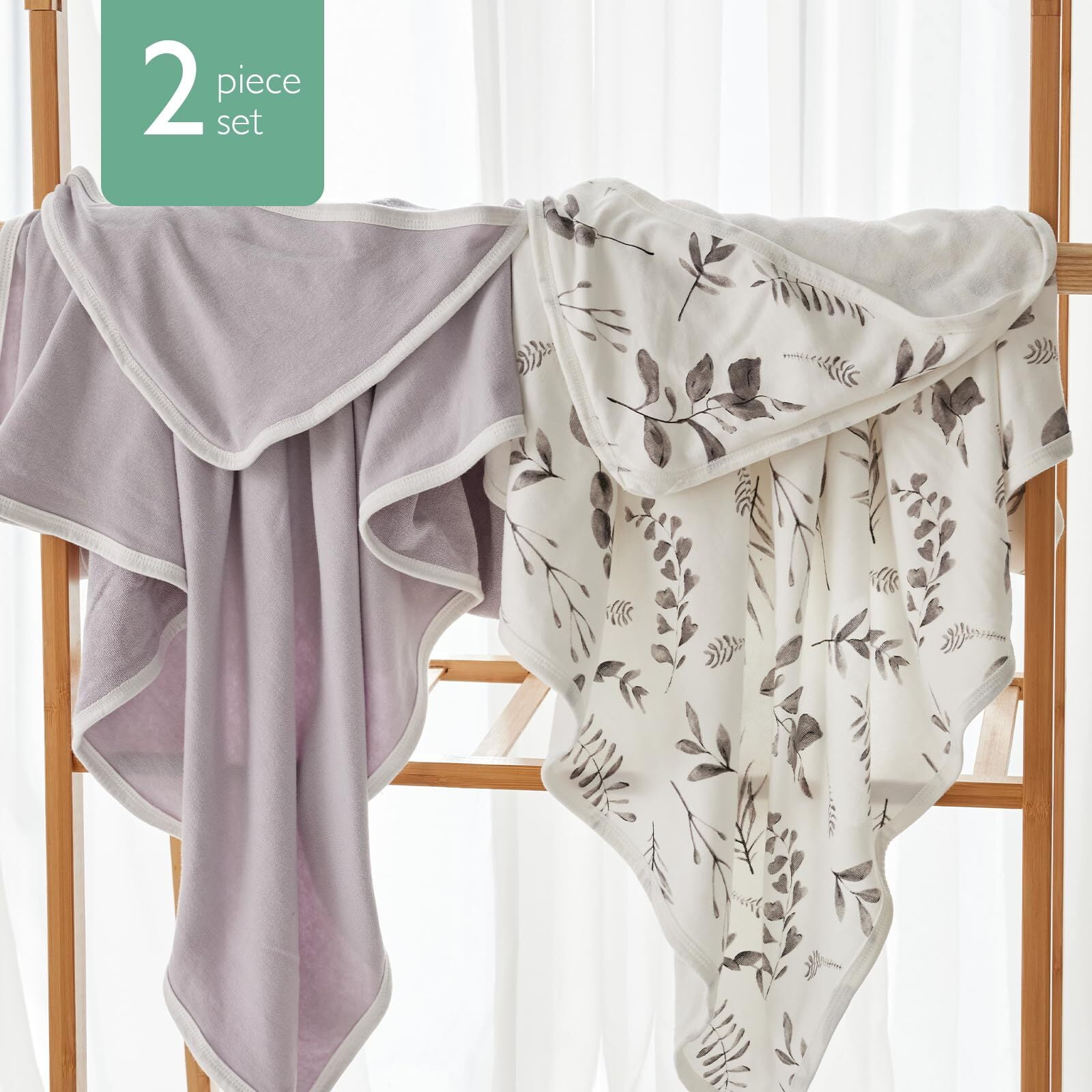 Momcozy Hooded Baby Towel, 2 Pack and Cotton Bath Towel with Hooded, Large 35 X 35 Inch, Baby Towel Set for Boy or Girl,Infant and Kid, Ink Wash Leaves