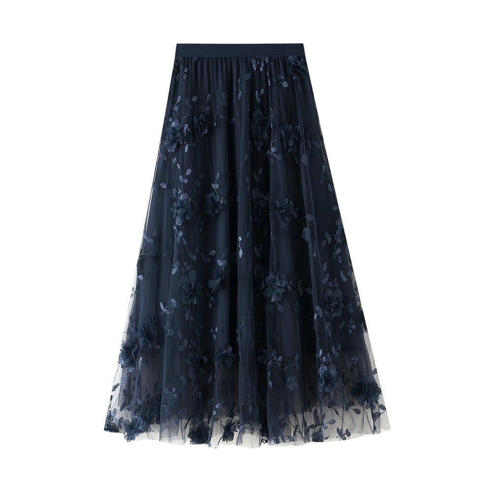 High Waist Solid Tulle Skirt 3D Flower Embroidery Midi Swing Skirt Beachwear A Line Skirts