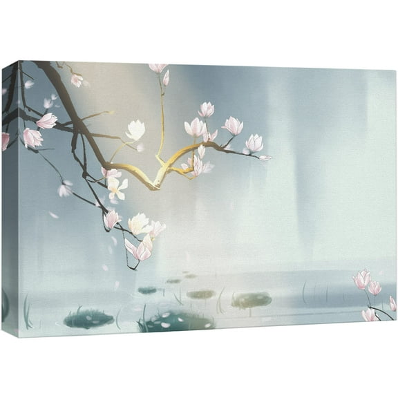 wall26 Canvas Print Wall Art Chinese Watercolor Pink Magnolia Blossom Pond Nature Wilderness Illustrations Modern Rustic Scenic Multicolor Colorful for Living Room, Bedroom, Office - 12"x18"