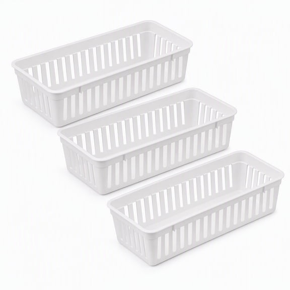 Stcellnmex White 3 Pack Slim Plastic Storage Baskets, 10.25 x 3.25 x 2.5 Inch Narrow Stackable Drawer Organizer Trays for Desk, Cabinet, Garage