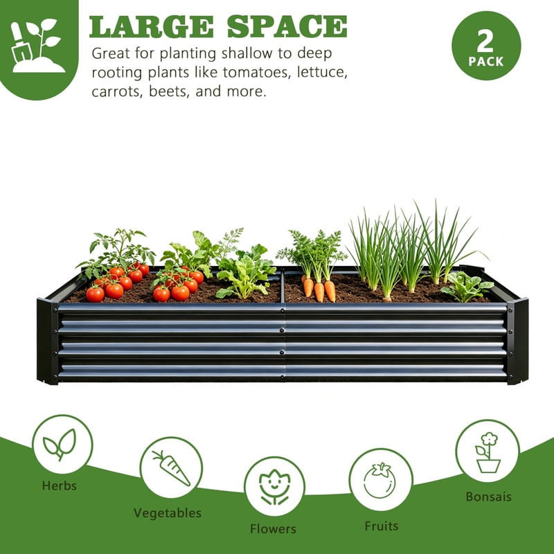 Galvanized Raised Garden Bed for Vegetables, 6×3×1ftPlanter Raised Garden Boxes Outdoor,Metal Raised Garden Beds Steel Kit for Vegetables Flower, 2PCS