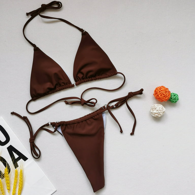 FAFWYP Womens Sexy Halter Thong Bikini Set Two Piece Split Triangle Swimsuit  Tie Two Sides Brazilian Bottom Bathing Suit 