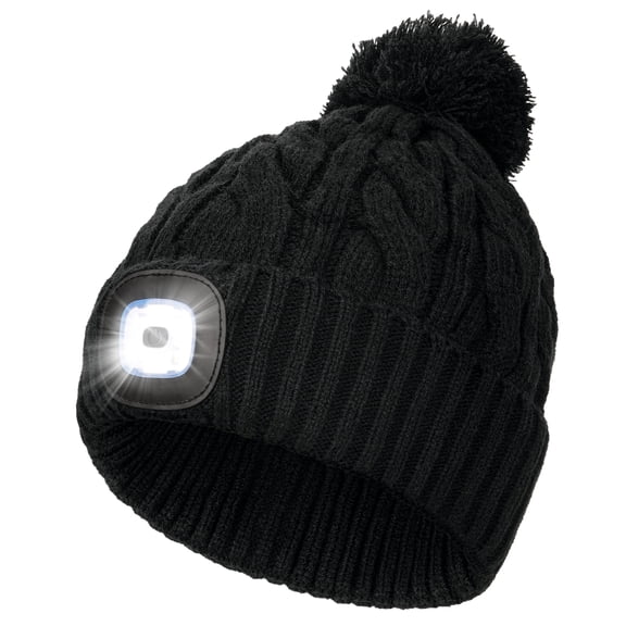 CENSGO Unisex LED Beanie with Pom-Pom, USB Rechargeable Twist Knitted Hat with Light, Stocking Cap Stuffers Gifts for Men Women (Black)