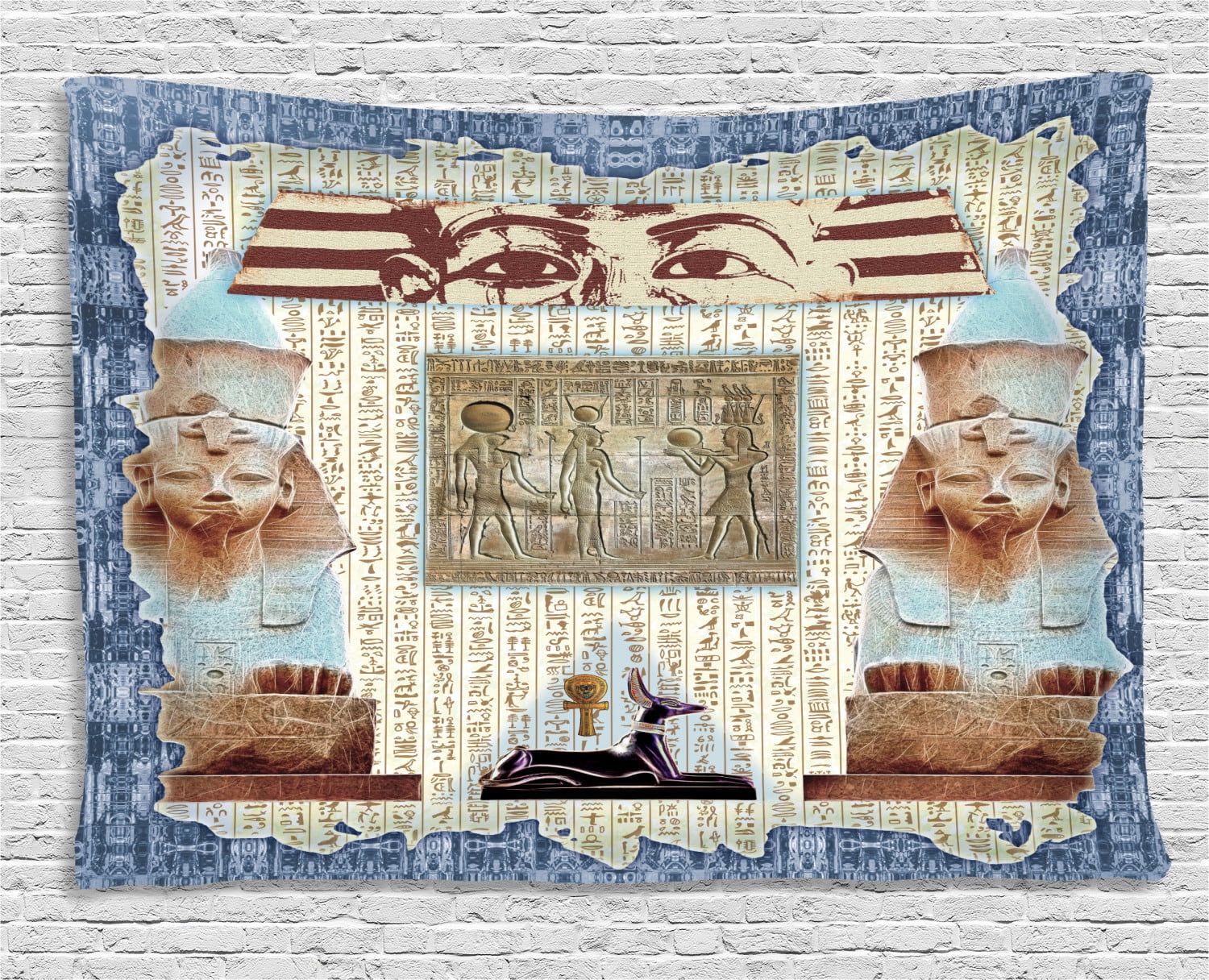 Egypt Decor Tapestry, Traditional Hieroglyph Backdrop with Mummy