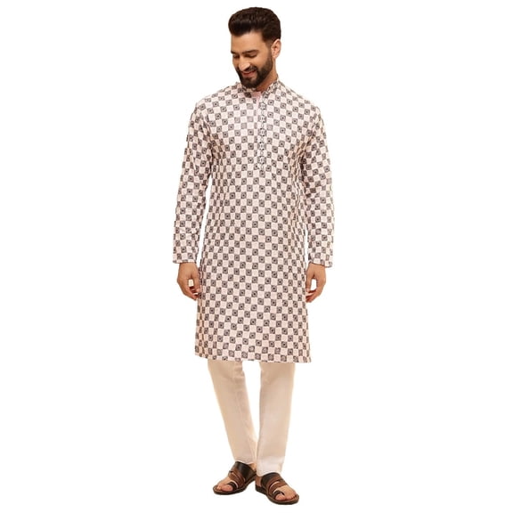 Sojanya (Since 1958) Men'S Cotton Rayon Embroidered Sequinned Pink Kurta With White Pyjama