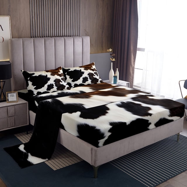 Cow Pattern Sheet Set Queen,Cowhide Pattern Sheets White Brown Rustic Home Decor Bed Sheets Set,Abstract Animal Theme Top Sheet for Kids Boys Girls Teens
