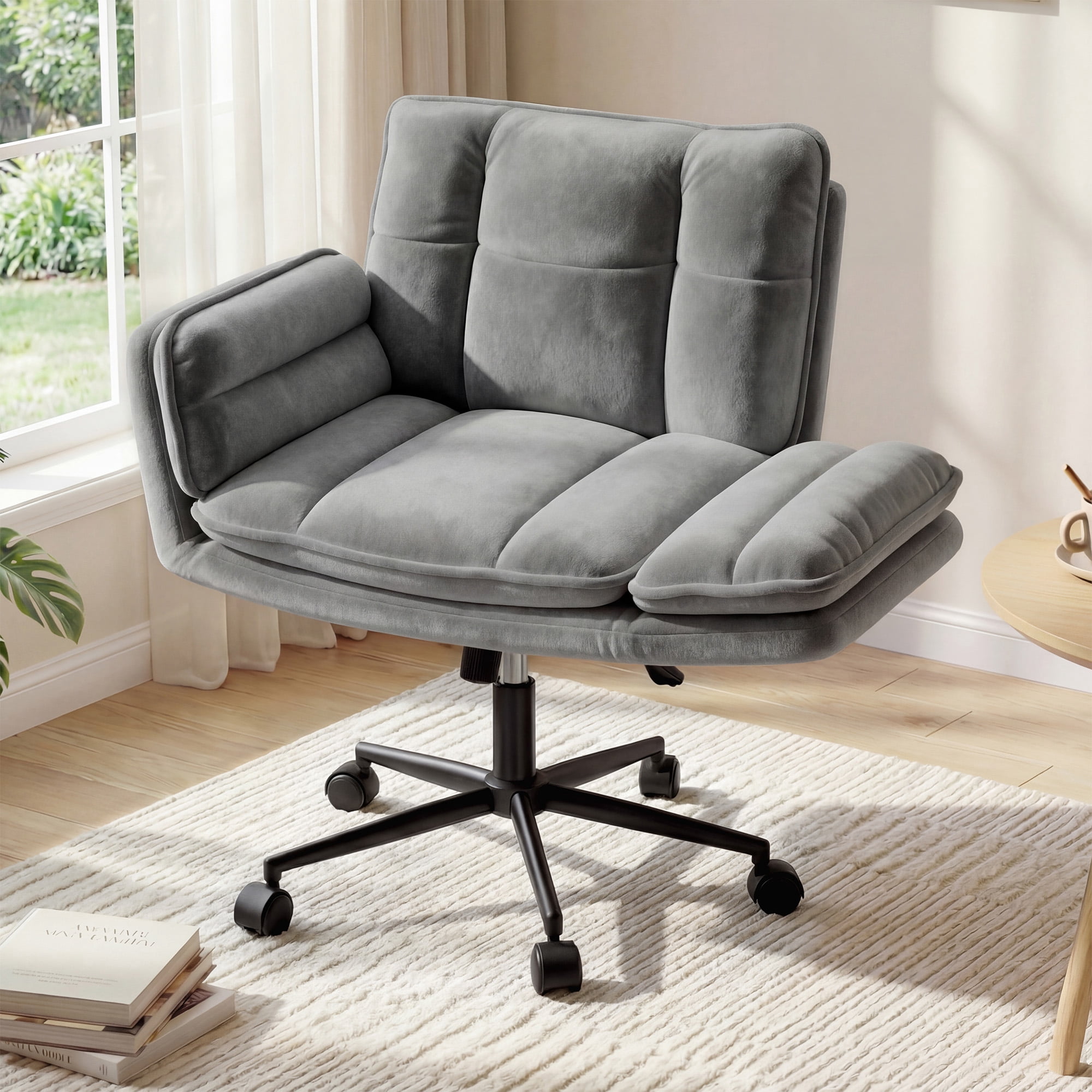Romorgniz Criss Cross Chair with Wheels Plush Fleece Vanity Chair with 5-Gear Adjustable Armrests Ergonomic Office Chair for Home Office, Gray