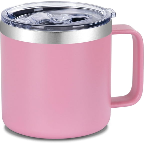 14 oz Insulated Coffee Mug with Handle, Stainless Steel Travel Coffee Mug with Lid, Double Wall Vacuum Metal Coffee Cup, Coffee Tumbler Powder Coated, Pink 1 Pack