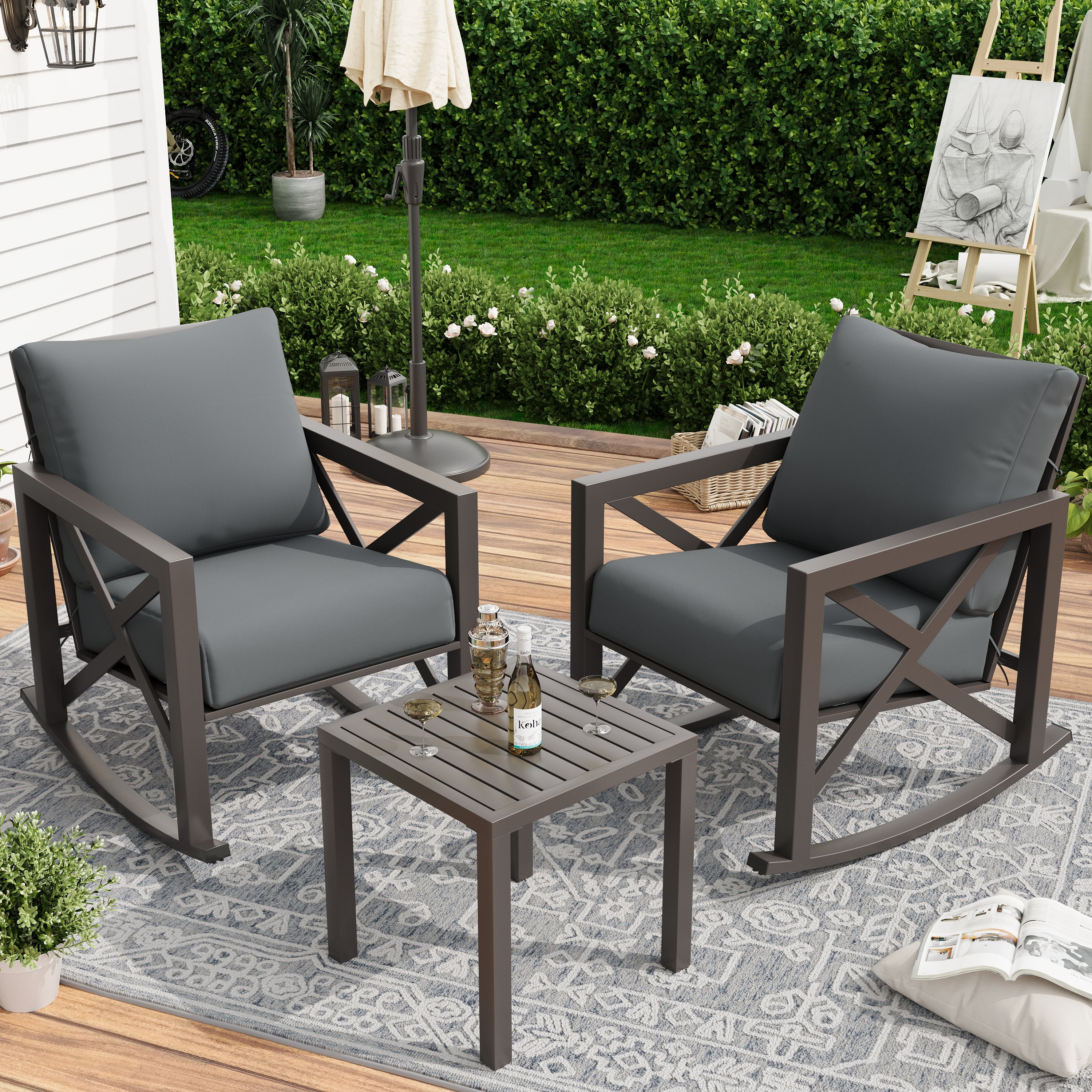 MRUAKA Rocking Chair Bistro Set,3 Piece Outdoor Patio Furniture Set with 2 Rockers and 1 Metal Coffee Table with Thick Cushions for Porch,Backyard,Poolside,Dark Grey