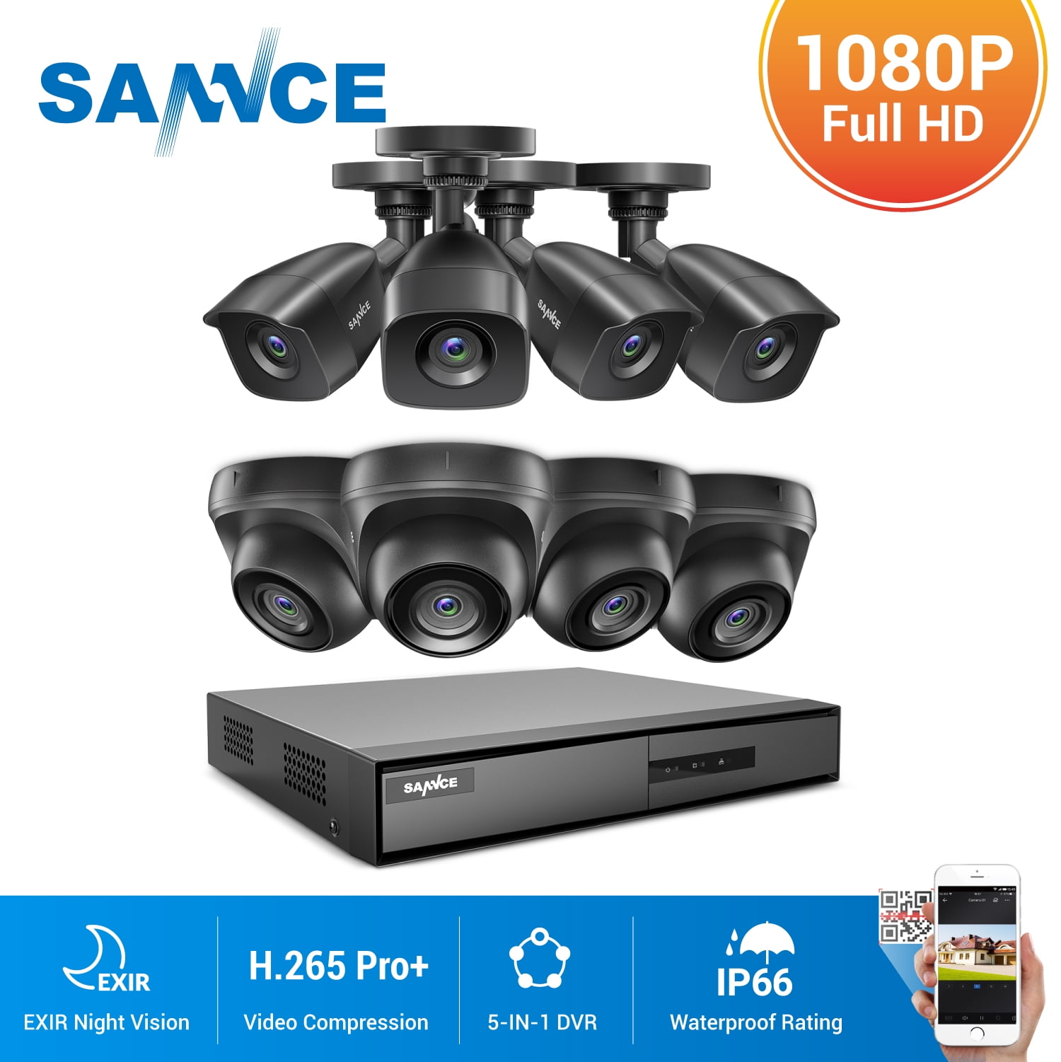 SANNCE Full 1080P HD 8CH Video DVR 2MP CCTV Home Security Camera System IR CUT 
