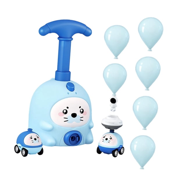 Experimento científico sobre el desarrollo de la inteligencia infantil: coche propulsado por un lanzador de globos. Azul