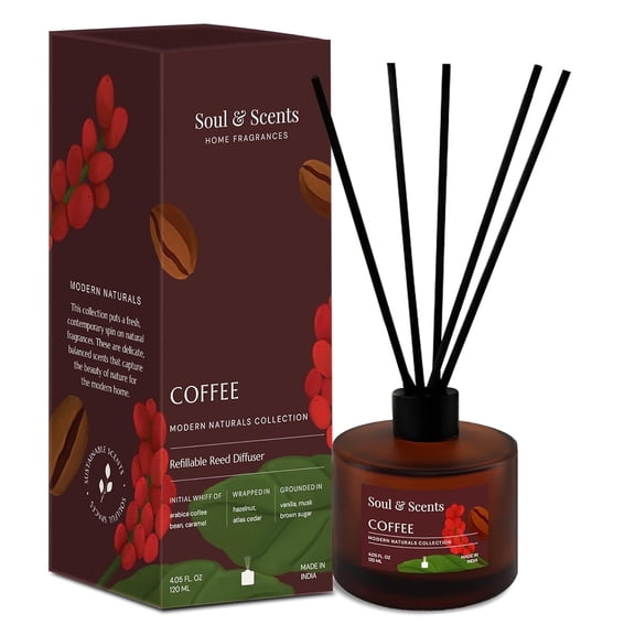 Soul & Scents Reed Diffuser Set-Coffee, 4.1 oz Scented Oil with 6 Fiber Sticks, Long-Lasting Home Fragrance for Bedroom, Bathroom, Office