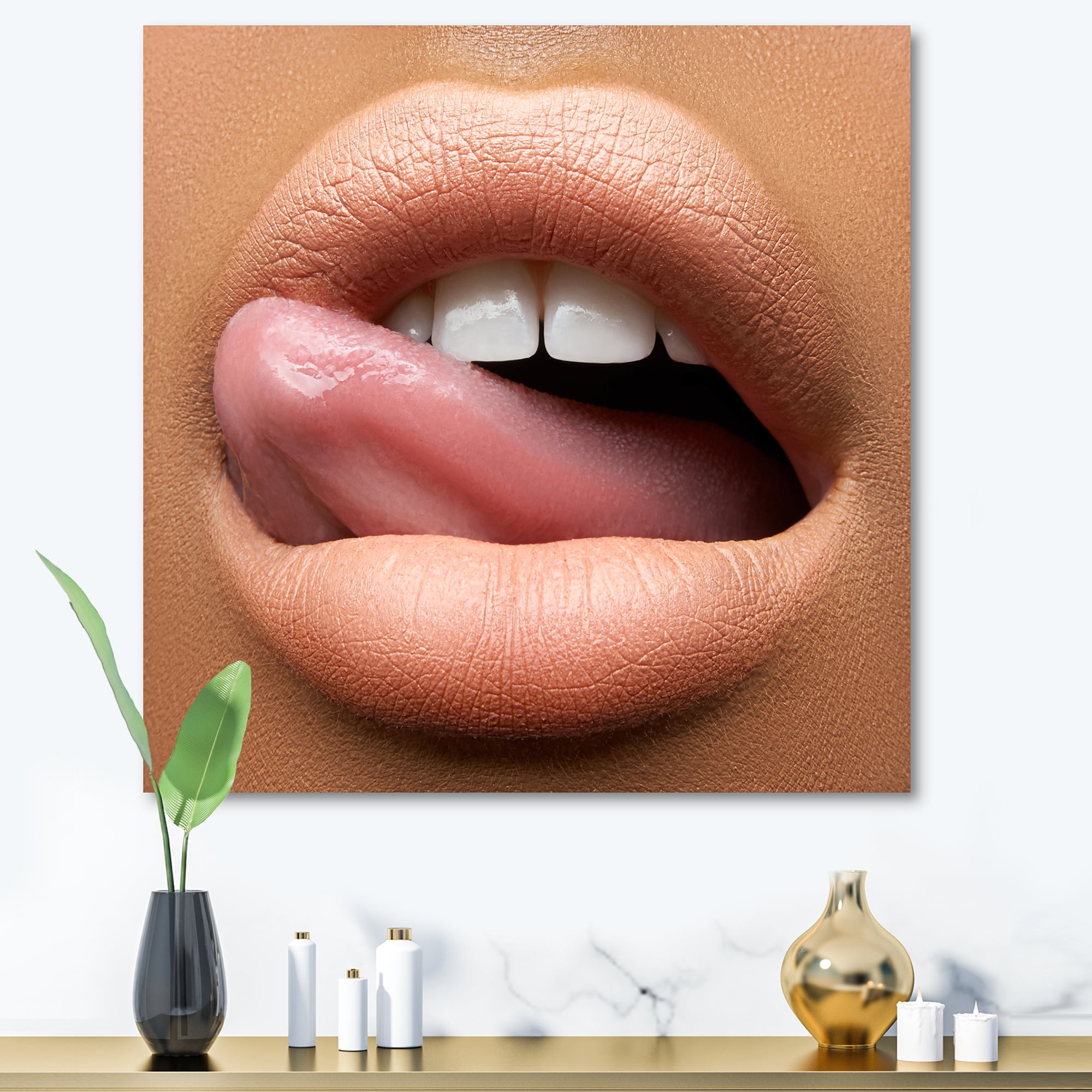Designart ' Beautiful Dark Skinned Female Tongue Touching Lips ' Modern Canvas Wall Art Print