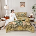 thumbnail image 4 of jejeloiu Chic Peacock Queen Comforter Set,Rustic Flower Floral Bedding Sets,Green Brown Gold Bedding Comforter Set For Adults,Microfiber Bedroom Decor Reversible,3-Piece, 4 of 8