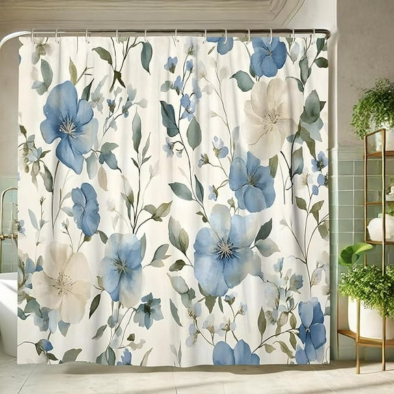 Floral Shower Curtain, Watercolor Blue Beige Flower Bath Curtain For Bathroom Decor, Spring Summer Modern Minimalist White Waterproof Fabric Shower Curtain Set With Hooks 48"W x 72"L