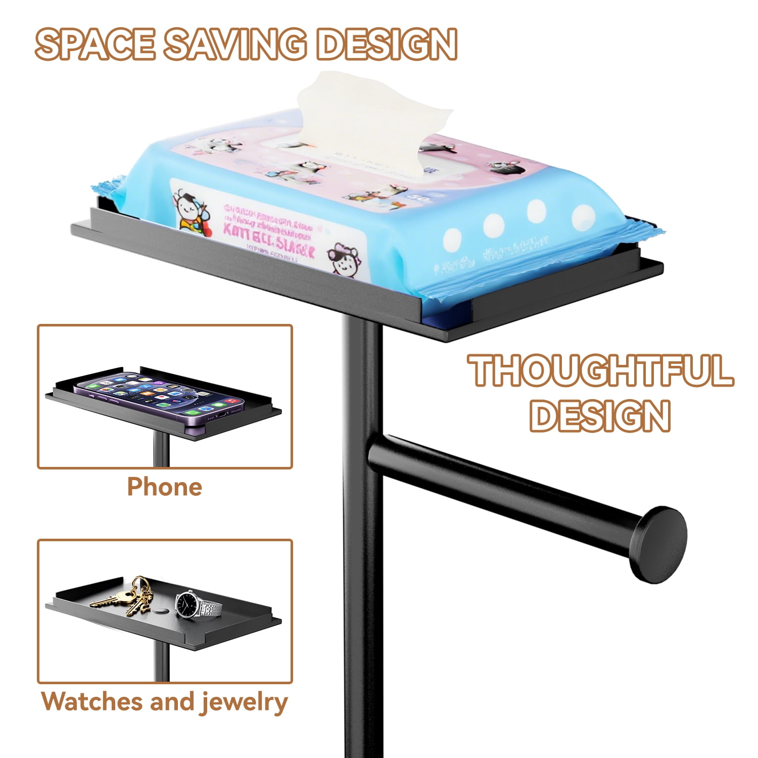 SZZJKJ Toilet Paper Holder Stand with Top Storage Shelf，Toilet Paper Holder，Toilet Paper Rack with Storage Function, Capable of Holding 4 Spare Rolls(Black).
