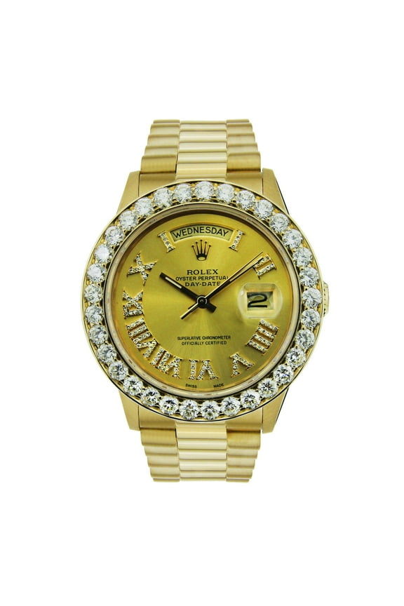 Pre-Owned 18K Yellow Gold Rolex Diamond Watch, Day Date 36mm, Champagne with Roman Numerals With 4CT Diamond Bezel
