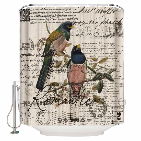 Fabric Shower Curtain, Blue Green Bird Postmark Envelope Design Linen Pattern Shower Curtains with 12 Hooks Waterproof Machine Washable Bath Curtains for Bathroom, 36 x 78in