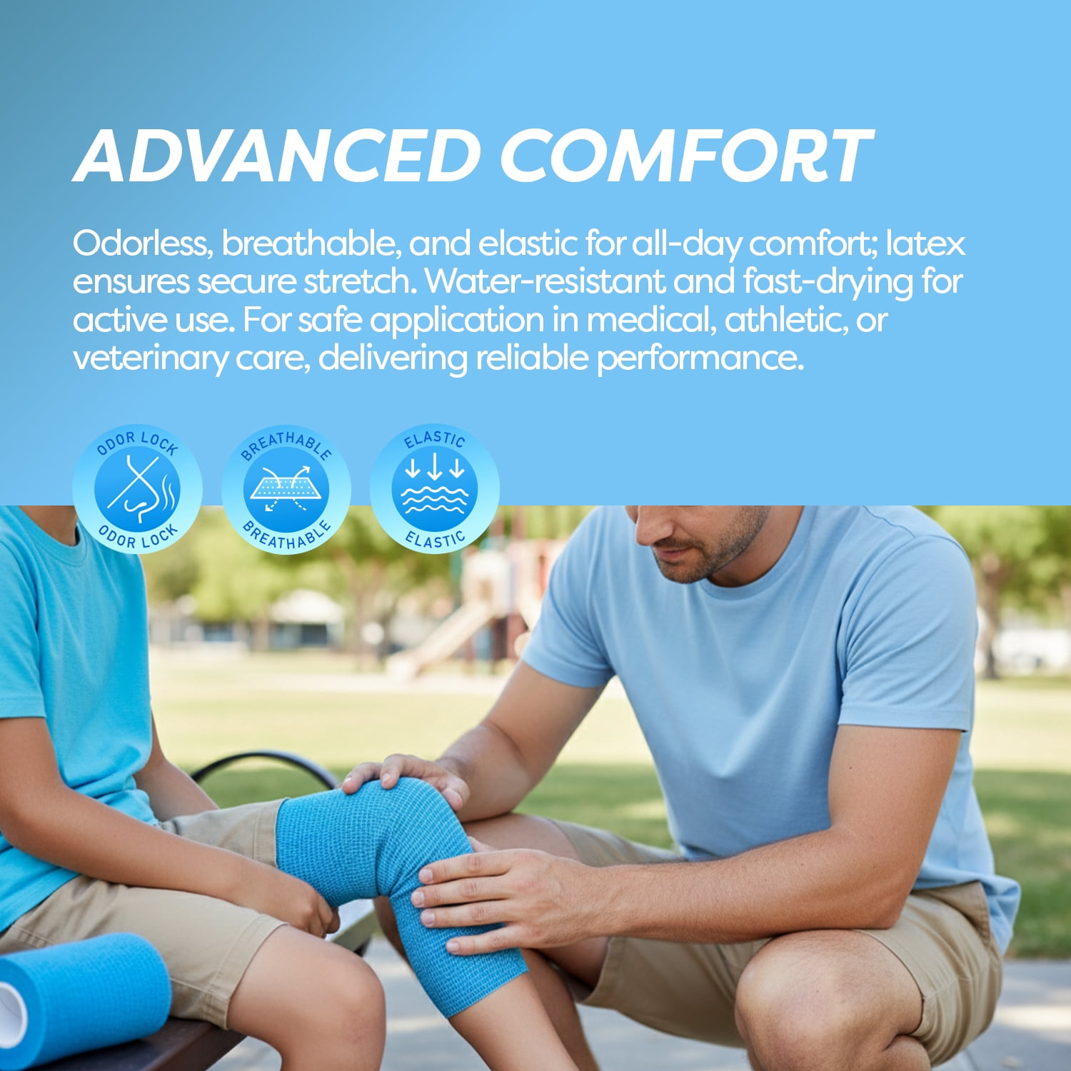 Dynarex Sensi-Wrap Self-Adhesive Bandages, 18-Pack, 4" x 5 yards, Light Blue, Latex, Colored Elastic Cohesive Athletic Tape, Tattoo Grip & Vet Wrap