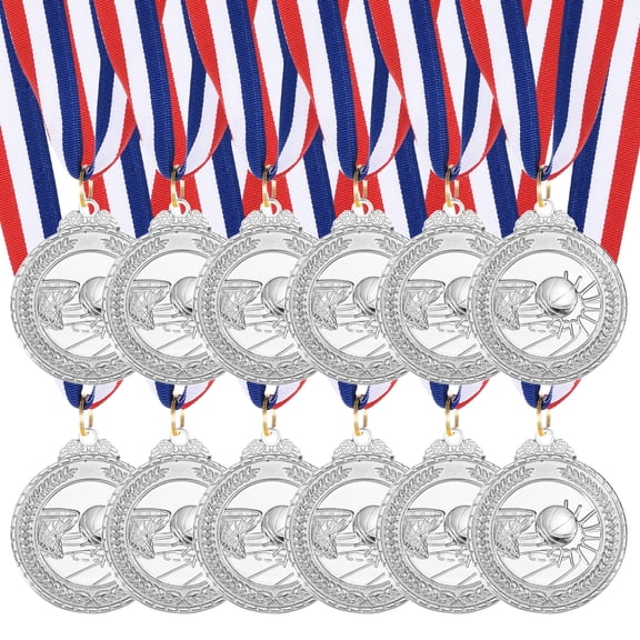 Uxcell 2 Inch Basketball Medals Silver Award Medals with Neck Ribbon for Team Sports Games Party Favors 12 Pieces